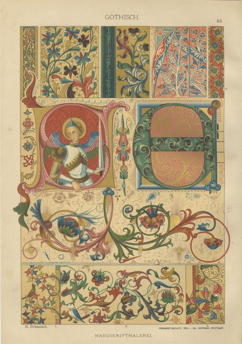 Pair of 19th Century Gothic Illuminated Ornament Prints Published in 1887, view 2