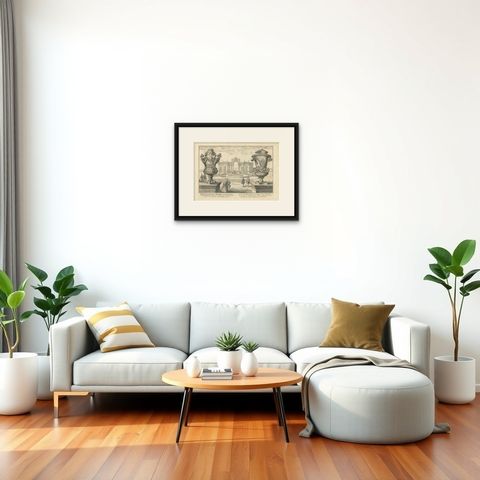 Antique Print of Two Vases and a Building in Vienna by Fischer von Erlach, 1725, shown framed in a room, true to size