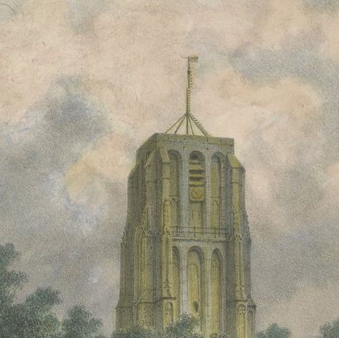 The Leaning Tower of Leeuwarden, Hilverdink’s Oldehove Lithograph, 1858, close-up 4