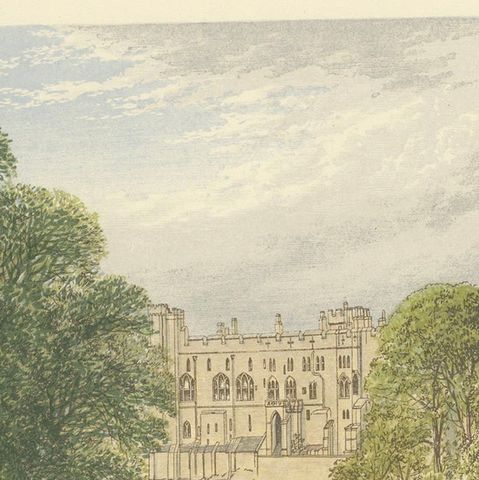 Warwick Castle River View, English Castle Landscape Engraving, c1850, close-up 4