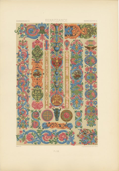 Pl. 52 Antique Print of Renaissance Ornaments by Racinet, circa 1890, view 2