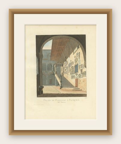 Antique Print of the Podestat Palace in Florence, Italy, by Bonnard, 1860, shown framed