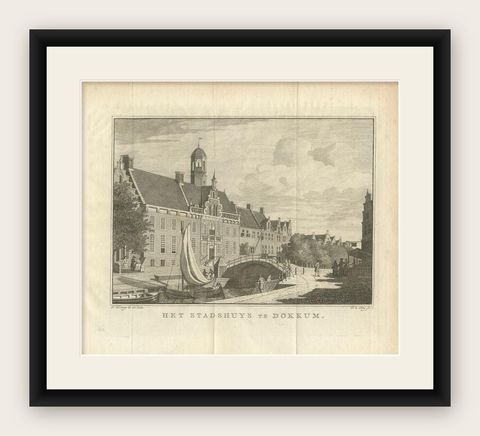 Antique Print of the City Hall of Dokkum, City in the Netherlands, 1786, shown framed