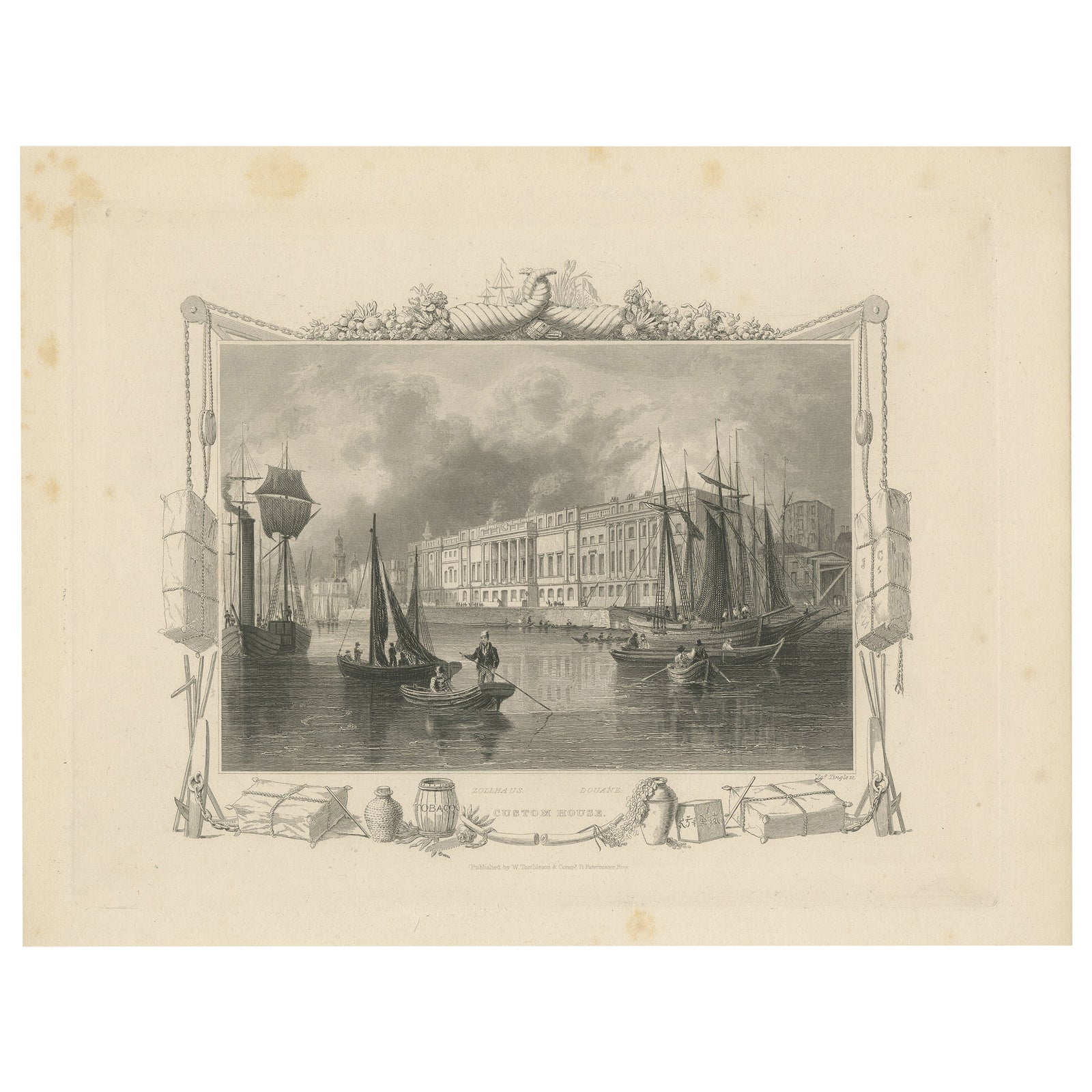 Antique Print of the Custom House by Tombleson, circa 1834