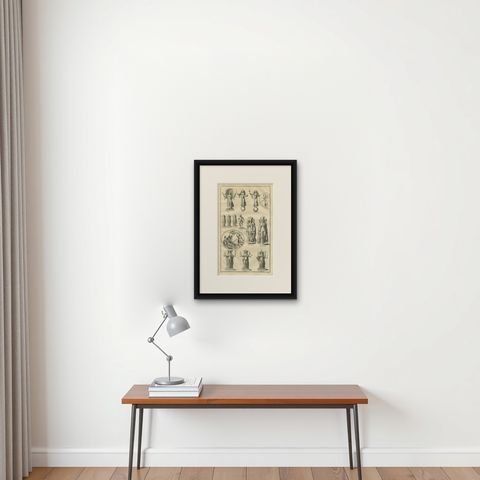 Antique Roman Goddess Statues and Reliefs, Montfaucon Classical Engraving 1721, shown framed on a wall, true to size