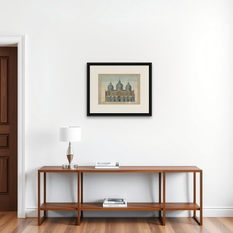 Antique Print of St Mark's Basilica in Venice 'c.1800', shown framed on a wall, true to size