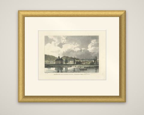 Fredericton's Barracks and Market House: Hand-Colored 1831 Lithograph, shown framed