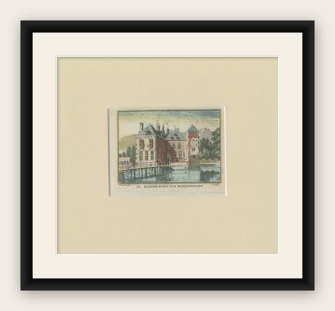 Antique Print of 'Moersbergen Castle' Near Doorn, the Netherlands, shown framed