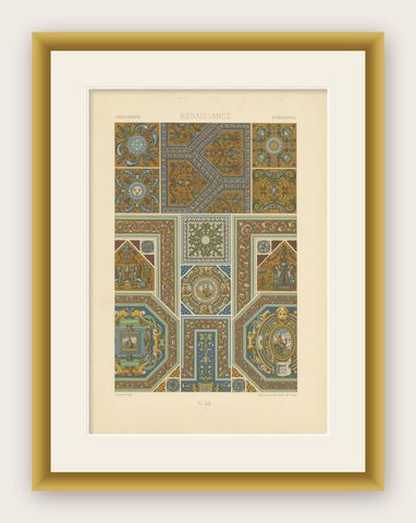 Pl. 60 Antique Print of Renaissance Ornaments by Racinet, circa 1890, shown framed