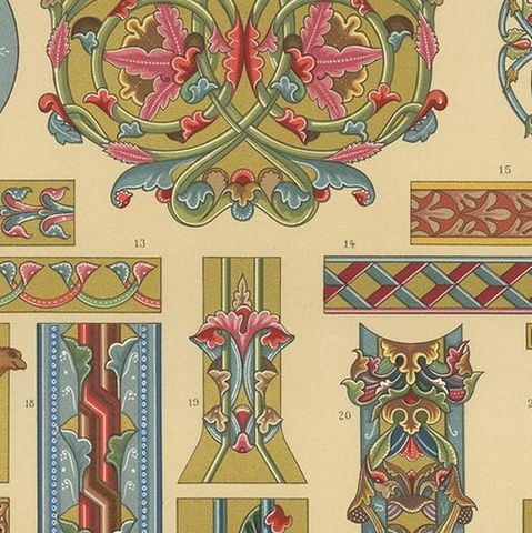 Pl. 52 Antique Print of Middle Ages Manuscripts Decoration by Racinet, close-up 1