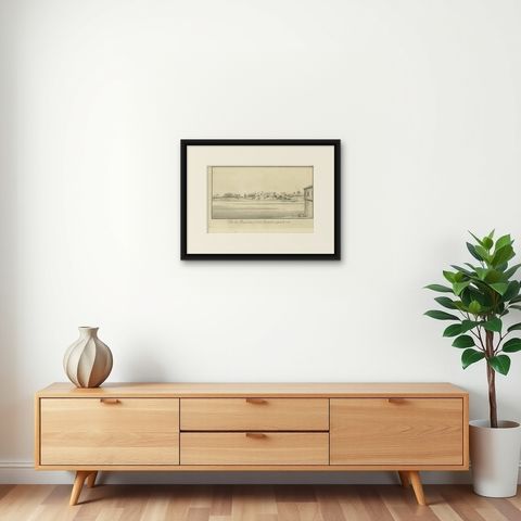 Old Cairo on the Nile with Distant Pyramids, Antique Egypt Engraving, c.1755, shown framed on a wall, true to size