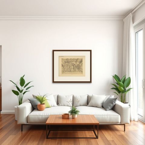 Pl. 1 Antique Print of a Hall Design by Kramer 'circa 1910', shown framed in a room, true to size
