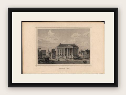 Antique Print of the City Hall of Groningen in The Netherlands, 1858, shown framed