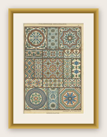Italian Renaissance Tile Designs Print from Ornamentenschatz, 19th Century, shown framed
