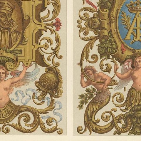 Pl. 92 Antique Print of 17th Century Decorative Paintings by Racinet, circa 1890, close-up 1