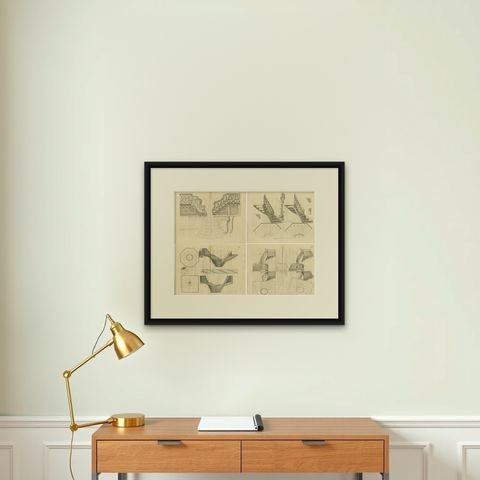 Baroque Elegance: Van der Horst's Staircase Engravings, 1739, shown framed on a wall, true to size