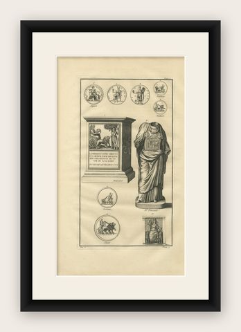 Roman Funerary Monument and Relief Sculpture, Montfaucon Engraving, 1721, shown framed