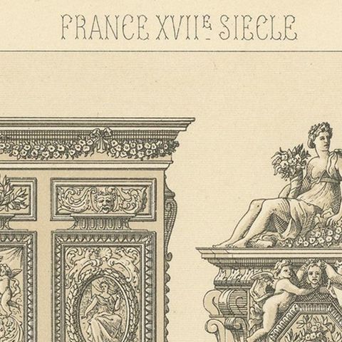 Pl. 93 Antique Print of French 17th Century Furniture by Racinet, circa 1880, close-up 1