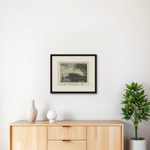 Antique Print with a view of Chateau Rijswijk by Bacheley, 1773, shown framed on a wall, true to size