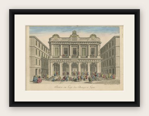 The Exchange Hall in Lyon, 18th Century Hand-Colored Engraving by Daumont, shown framed