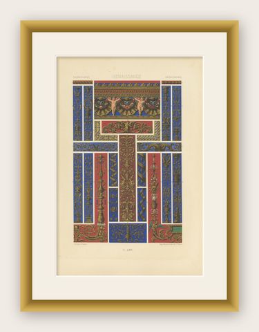 Pl. 66 Antique Print of Renaissance Ornaments by Racinet, circa 1890, shown framed