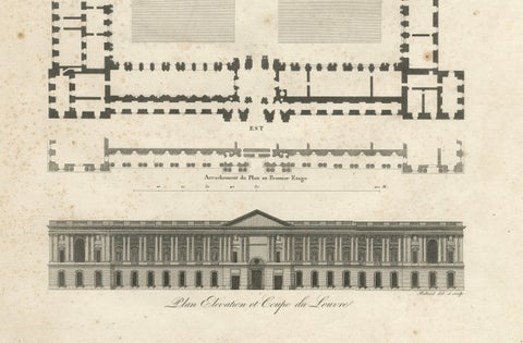 Plan, Elevation et Coupe du Louvre, Architectural Engraving by Baltard, c.1799, close-up 4