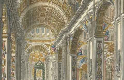 Interno della Basilica Vaticana, Antique Hand-Coloured Interior View (c.1840), close-up 3