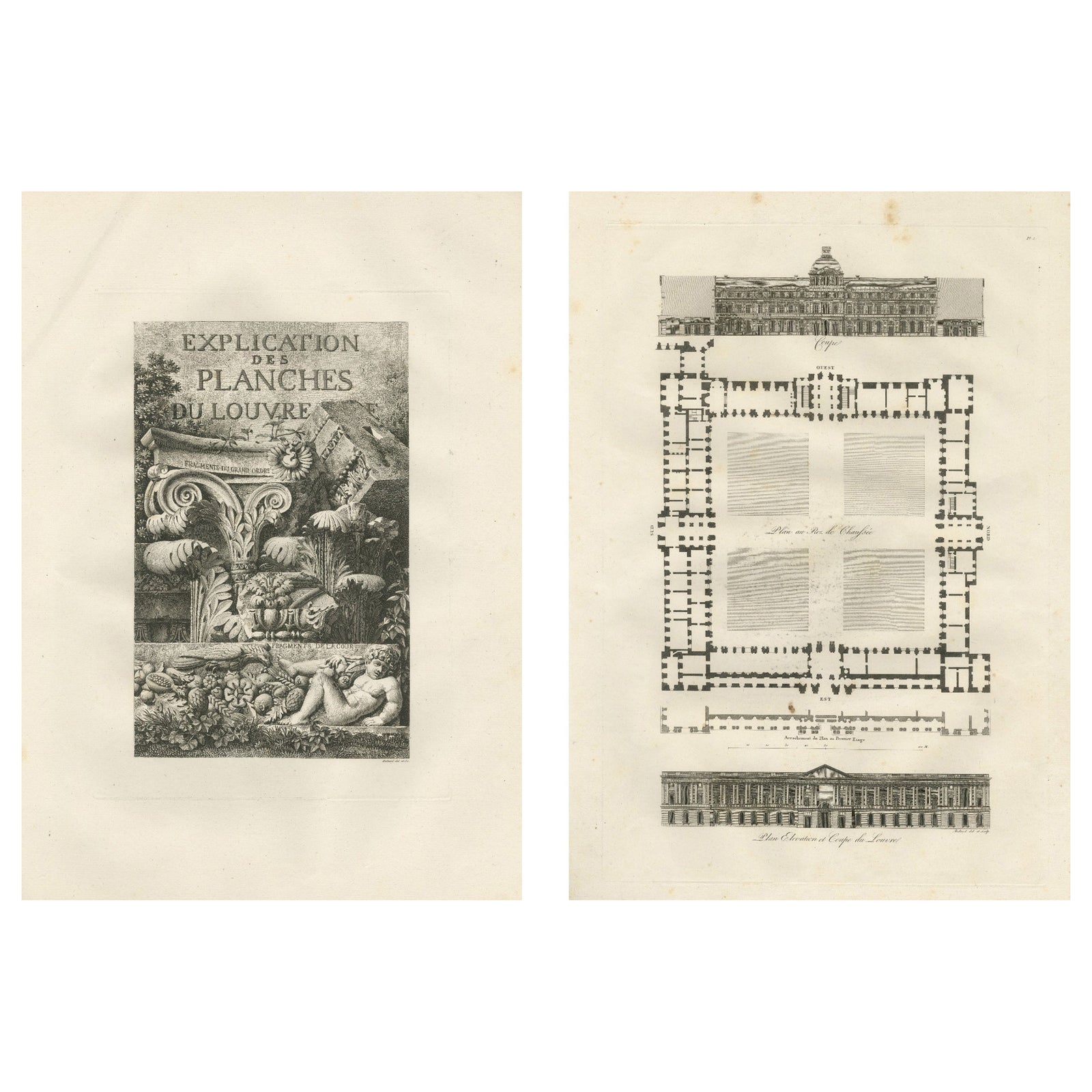 Antique French Architectural Engravings Pair, Baltard Louvre Plates, Paris 1803