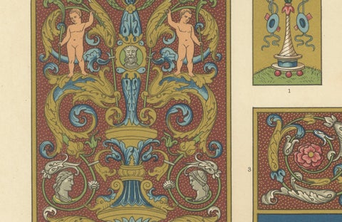 Renaissance Scrollwork with Cherubs & Grotesques, Classical Ornament, 1869, close-up 1