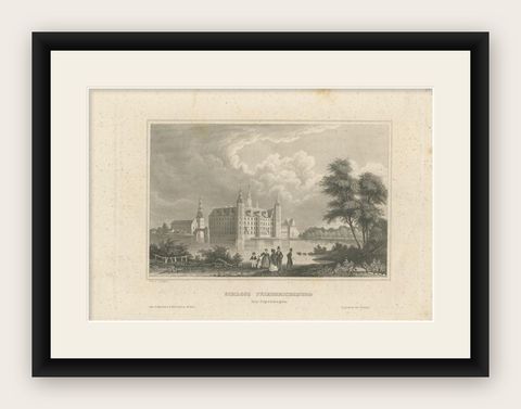 Antique Print of Frederiksborg Castle in Denmark c.1845, shown framed
