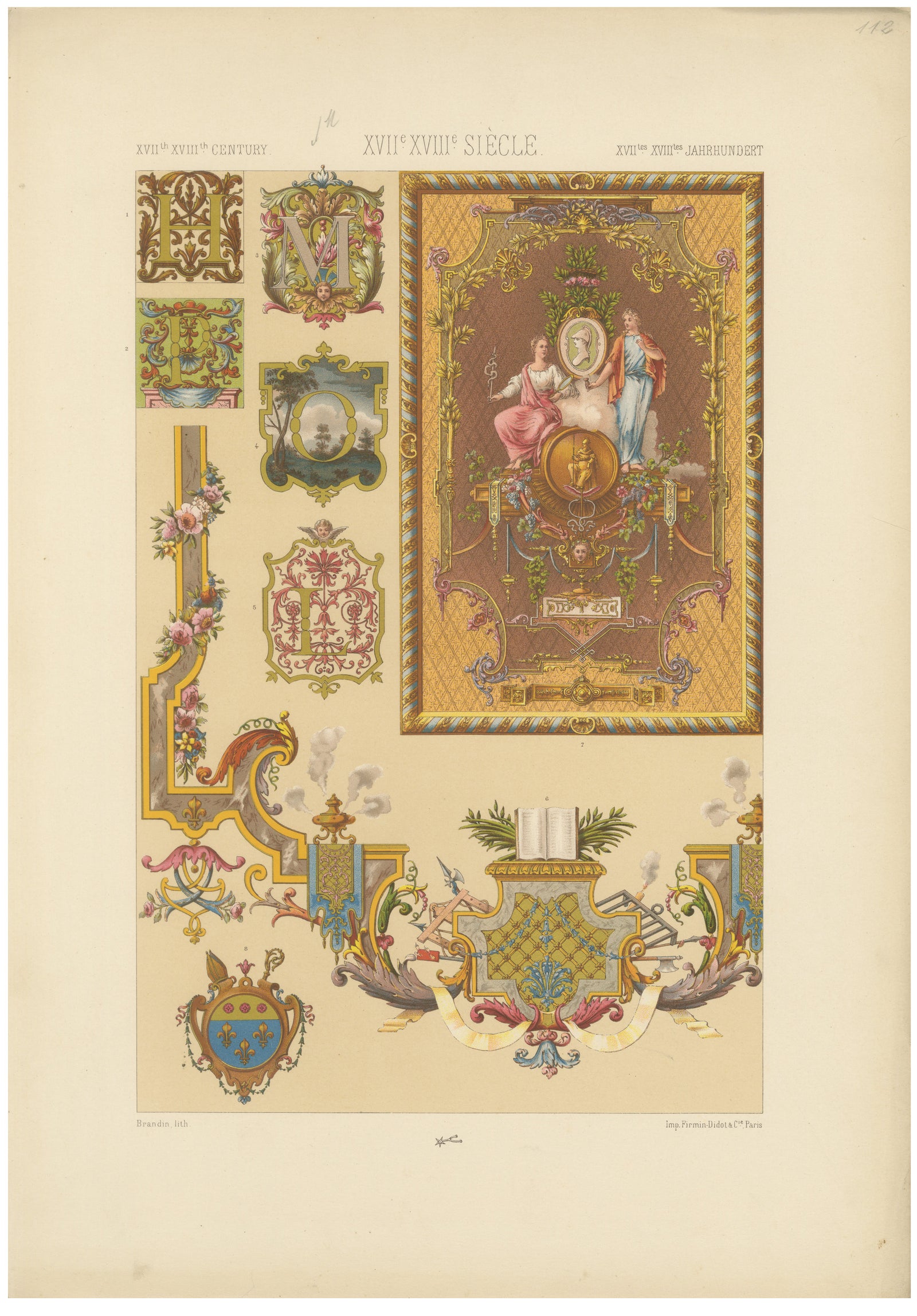 Louis XVI Decorative Ornament Chromolithograph by Albert Racinet, Paris, c. 1873