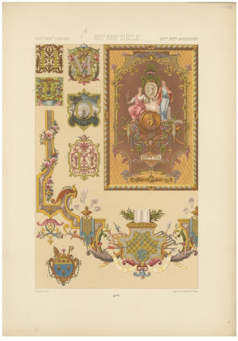 Louis XVI Decorative Ornament Chromolithograph by Albert Racinet, Paris, c. 1873