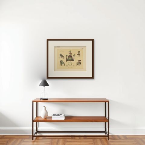 Pl. 58 Antique Print of Seating Furniture by Kramer, circa 1910, shown framed on a wall, true to size