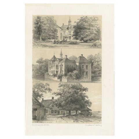 Old Print of Castles & Other Views between Zwolle & Deventer, The Netherlands
