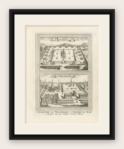 Antique Print of Siam Temples by Van Schley 'c.1750', shown framed
