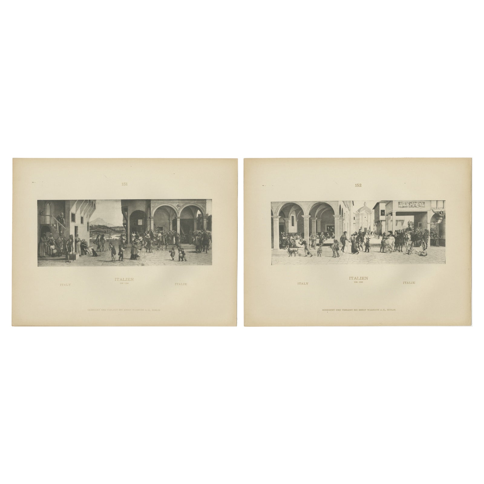 Italian Renaissance Street Scenes, Set of 2 Decorative Engravings, ca.1880
