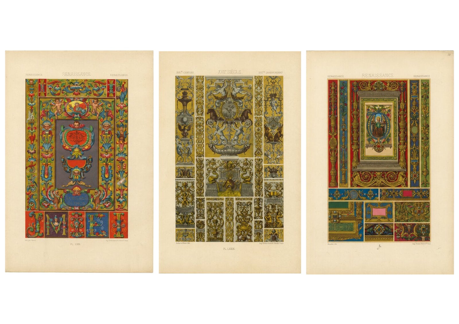 Set of Three Renaissance Grotesque Ornament Chromolithographs by Racinet, 1873