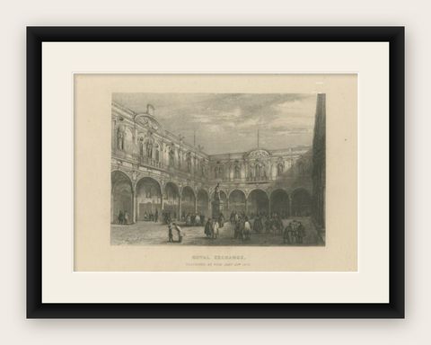 Antique Print of the Royal Exchange in London, c.1840, shown framed
