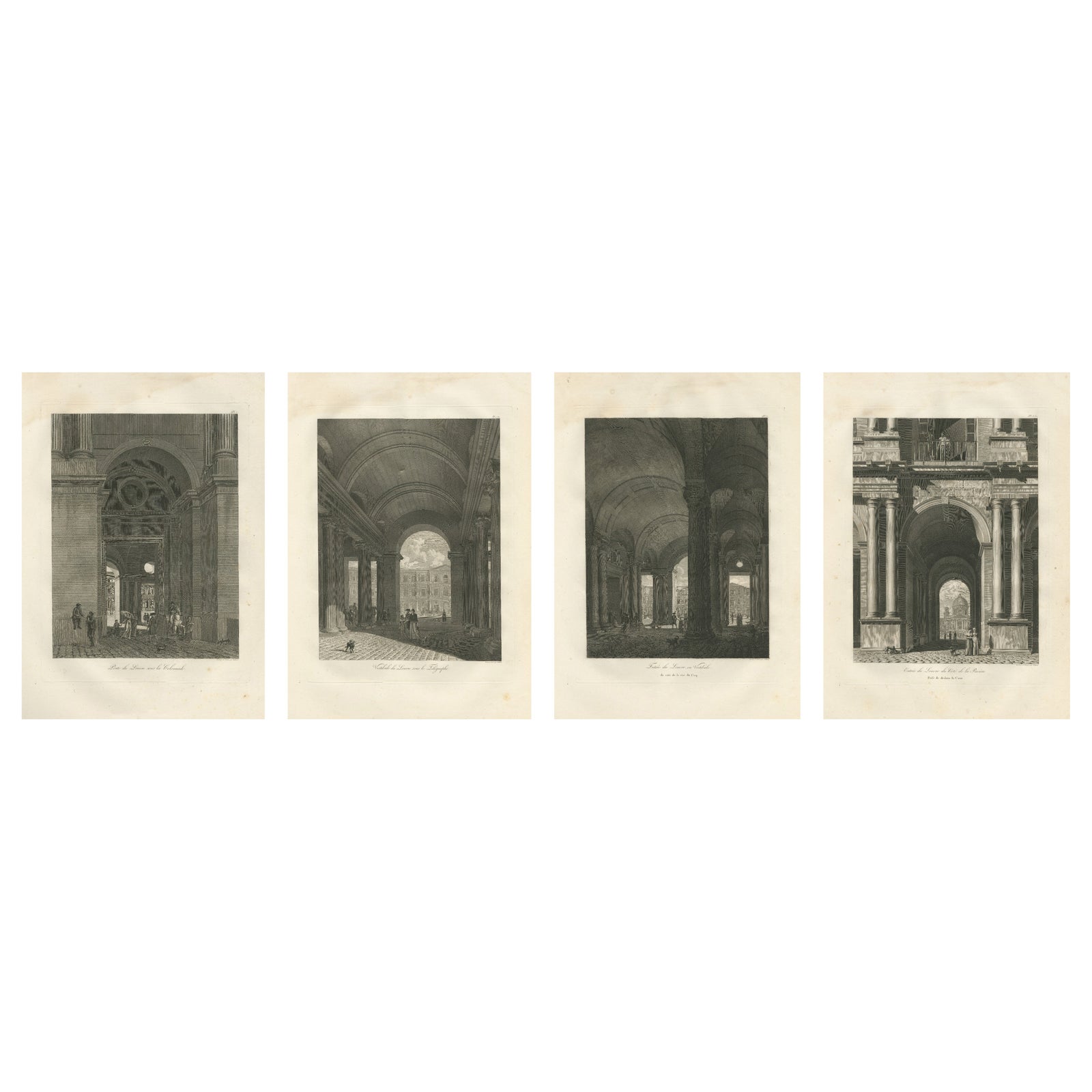 Antique French Architectural Engravings, Louvre Interior Arches Set of four 1803