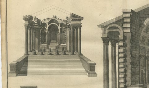Grand Roman Basilica Interior, Antique Engraving by Montfaucon, 1721, close-up 3