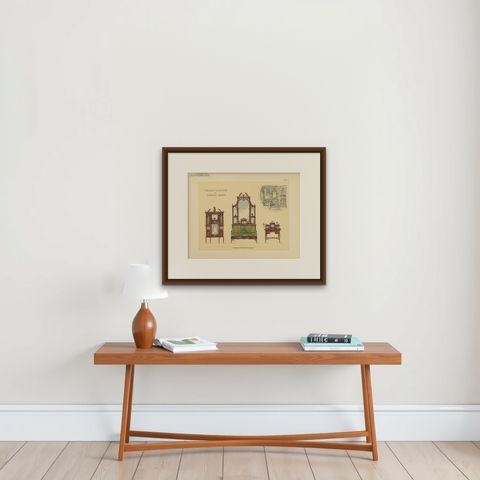 Pl. 47 Antique Print of Salon Furniture by Kramer, circa 1910, shown framed on a wall, true to size