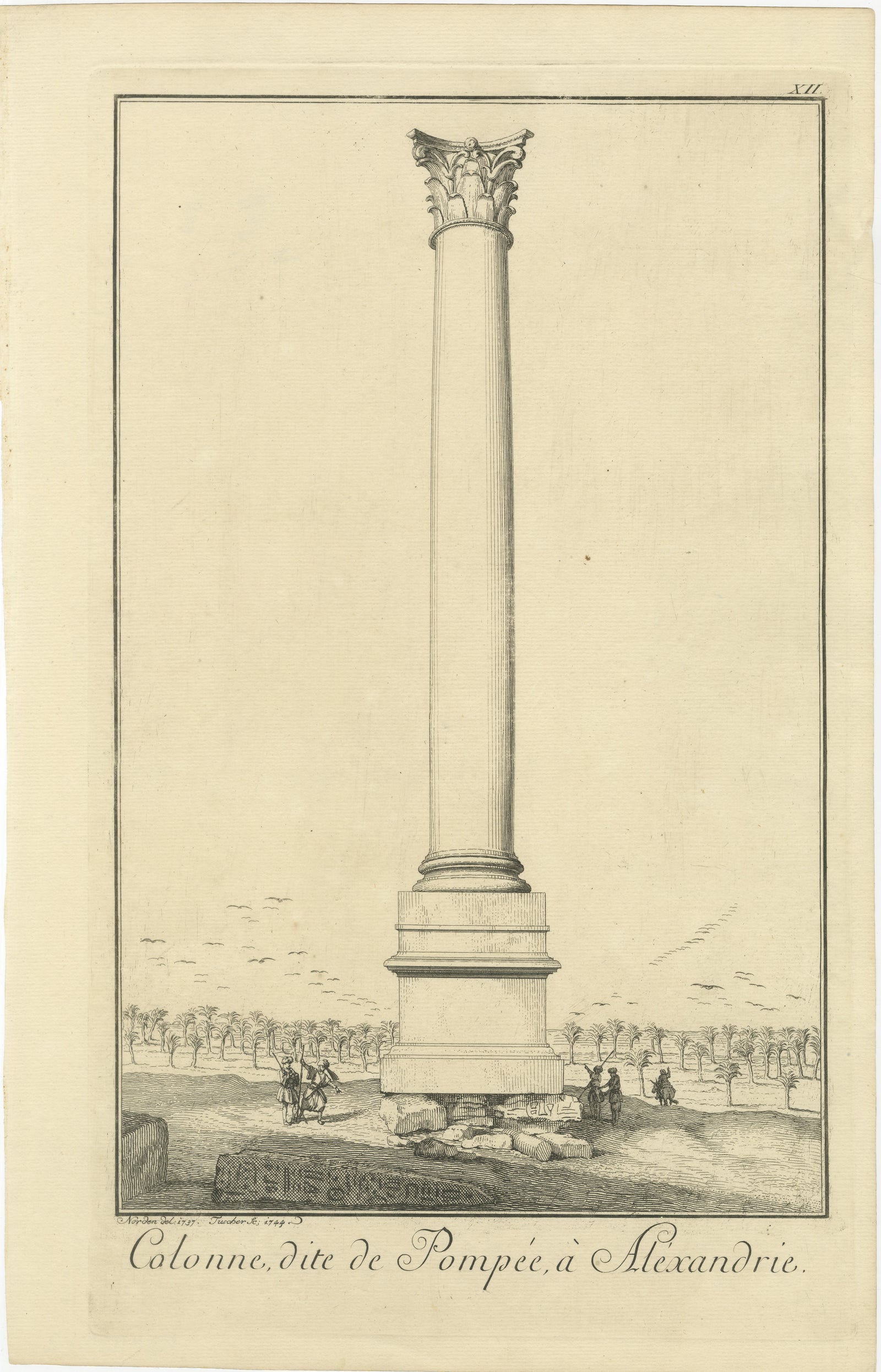 Pompey’s Column, Alexandria, Antique Egypt Engraving by Norden, 1755