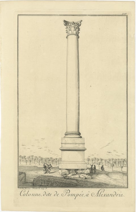 Pompey’s Column, Alexandria, Antique Egypt Engraving by Norden, 1755