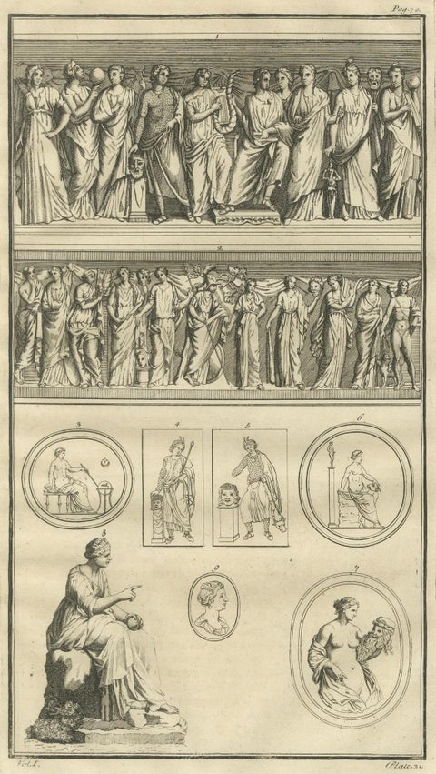 Large Classical Relief Engraving with Female Figures, Montfaucon, London 1721, close-up 2