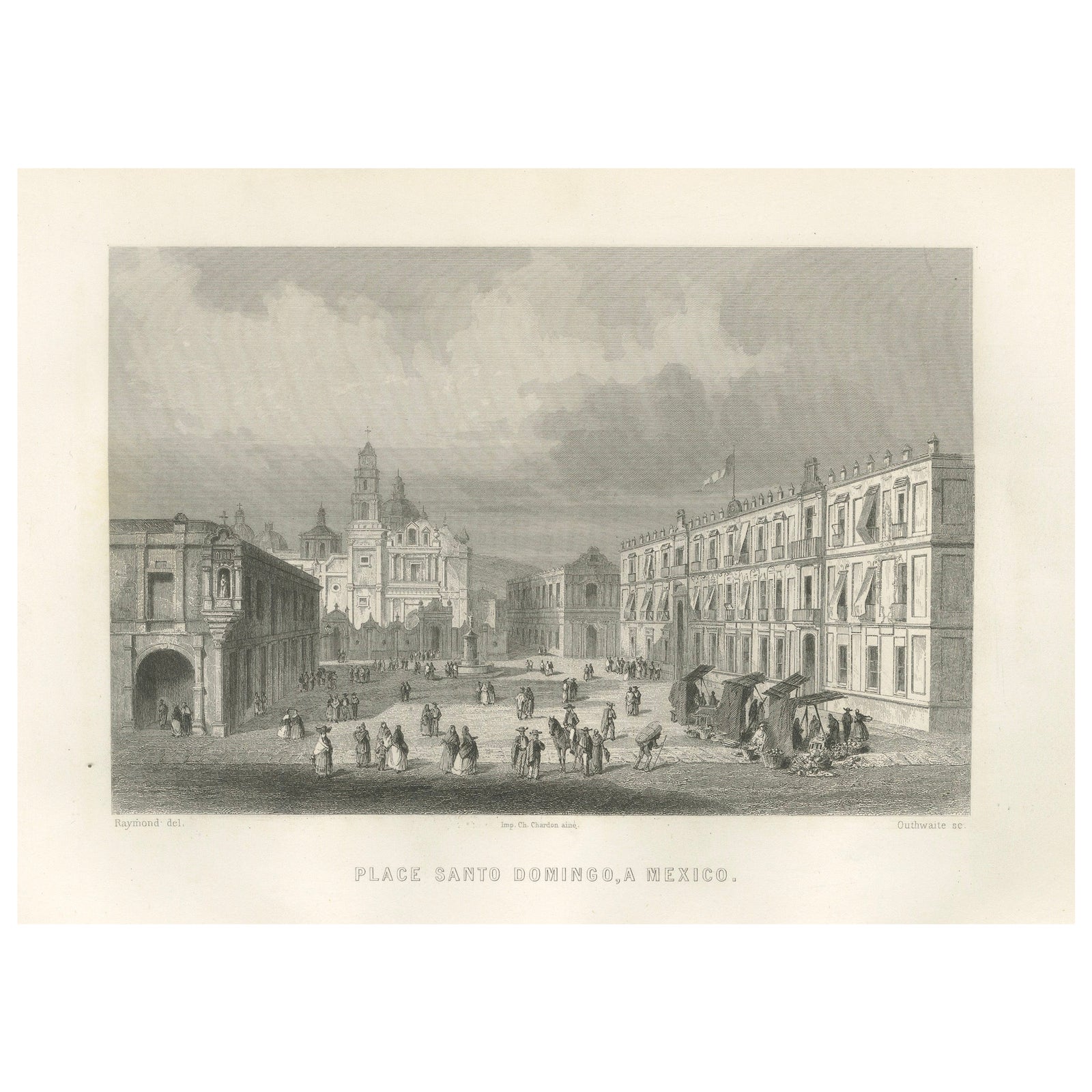 Plaza Santo Domingo Mexico City, Antique Architectural Engraving, 1867