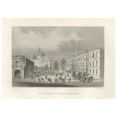 Plaza Santo Domingo Mexico City, Antique Architectural Engraving, 1867
