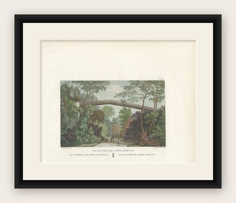 Antique Print of a Bridge in the Park of Roeulx in Belgium by Laborde, 1808, shown framed