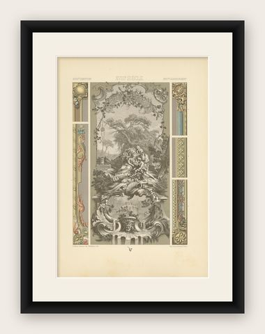Pl. 114 Antique Print of 18th Century Decorative Panel by Racinet, circa 1890, shown framed