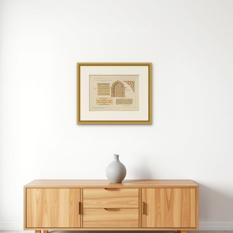 Antique Ottoman Glazed Brick Ornament Print, Bursa & İnegöl, Published in 1924, shown framed on a wall, true to size