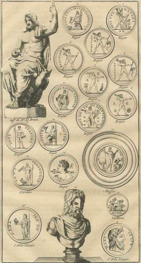 Jupiter and Roman Coin Types, Antique Classical Engraving, Montfaucon, 1721, close-up 4